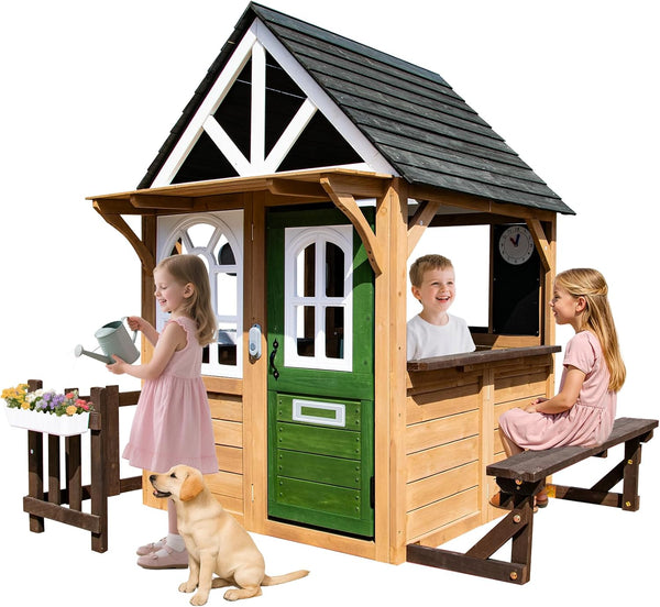 Kids Playhouse Outdoor, Wooden Play House Playset with Kitchen, Fence, Bench, Dog Door, Doorbell & Flower Pot,Fun Backyard Cottage for Ages 3-8 (Green)