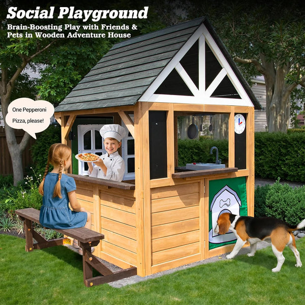 Kids Playhouse Outdoor, Wooden Play House Playset with Kitchen, Fence, Bench, Dog Door, Doorbell & Flower Pot,Fun Backyard Cottage for Ages 3-8 (Green)
